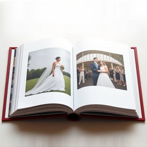 Exemplo de álbum de fotos de casamento aberto, mostrando fotos impressas em papel de alta qualidade