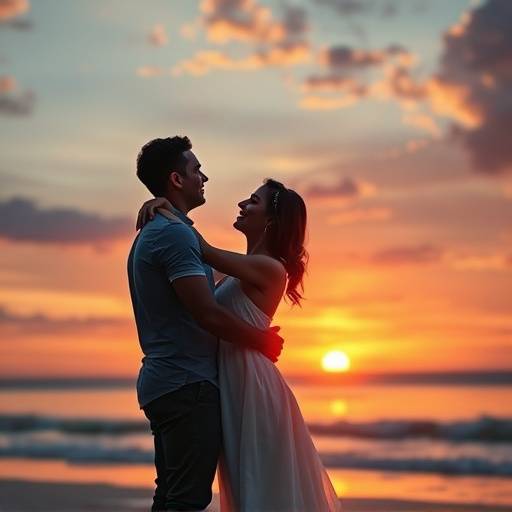 Fotografia de um casal apaixonado abraäado durante o pôr do sol na Praia do Farol da Barra em Salvador, Bahia