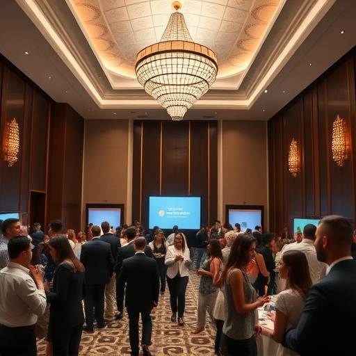 Fotografia de um evento corporativo em um hotel de luxo em Salvador, Bahia, mostrando a interaäão entre os participantes e a atmosfera profissional