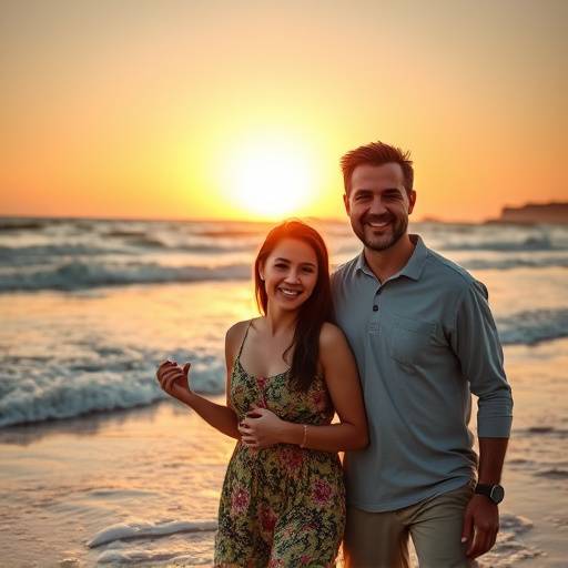 Fotografia de uma família sorrindo em uma praia de Salvador durante o pôr do sol